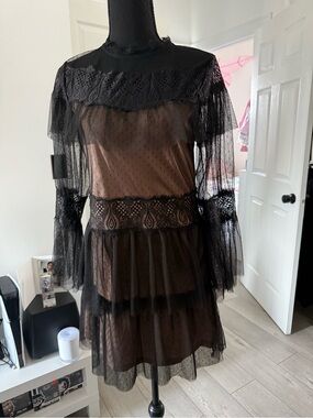Zara Black Sheer Lace Tiered Long-Sleeve Dress